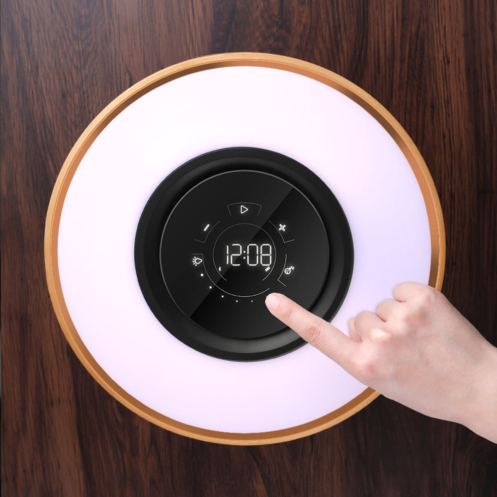 LED Stropní Lampa s Bluetooth Reproduktorem a Bezdrátovým Nabíjením – Moderní Dřevěné Akcenty, Stmívatelné Osvětlení 3