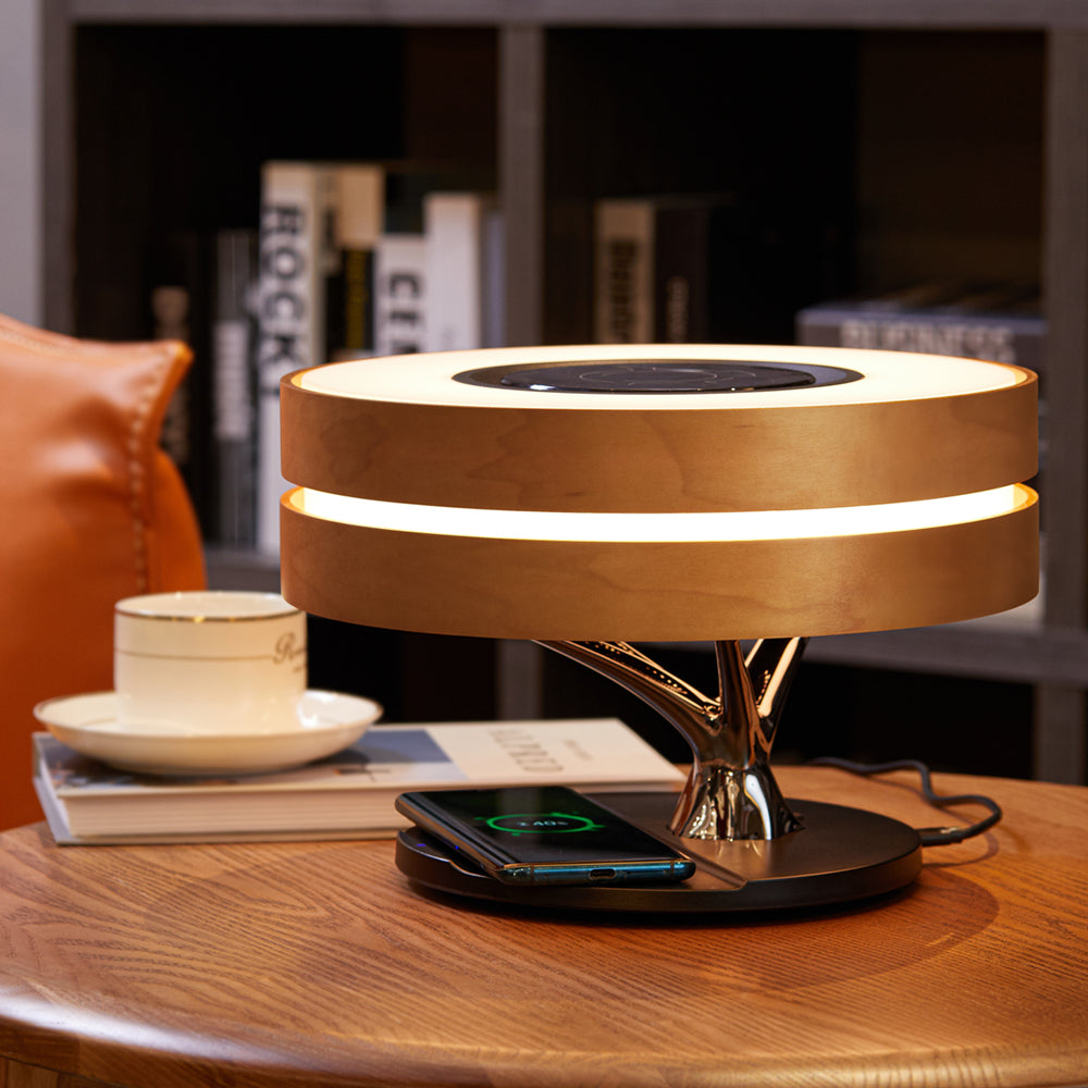 LED Stropní Lampa s Bluetooth Reproduktorem a Bezdrátovým Nabíjením – Moderní Dřevěné Akcenty, Stmívatelné Osvětlení 4