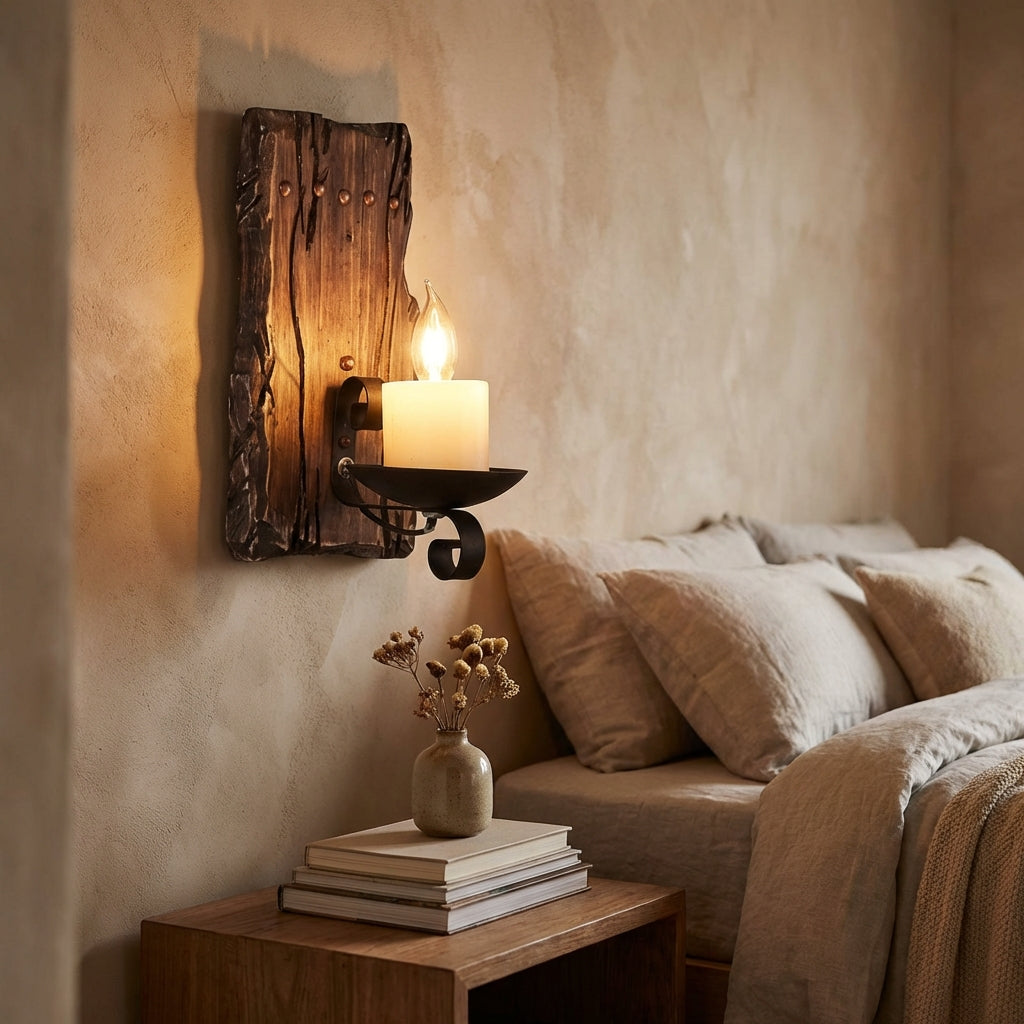 LED nástěnné svítidlo s dřevěnou základnou – teplé světlo v rustikálním vintage stylu 0
