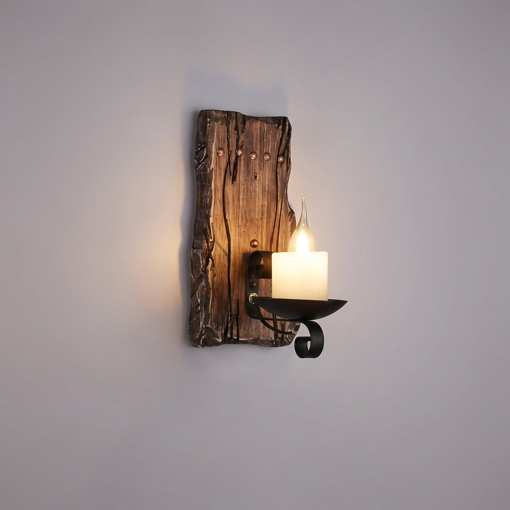 LED nástěnné svítidlo s dřevěnou základnou – teplé světlo v rustikálním vintage stylu 1