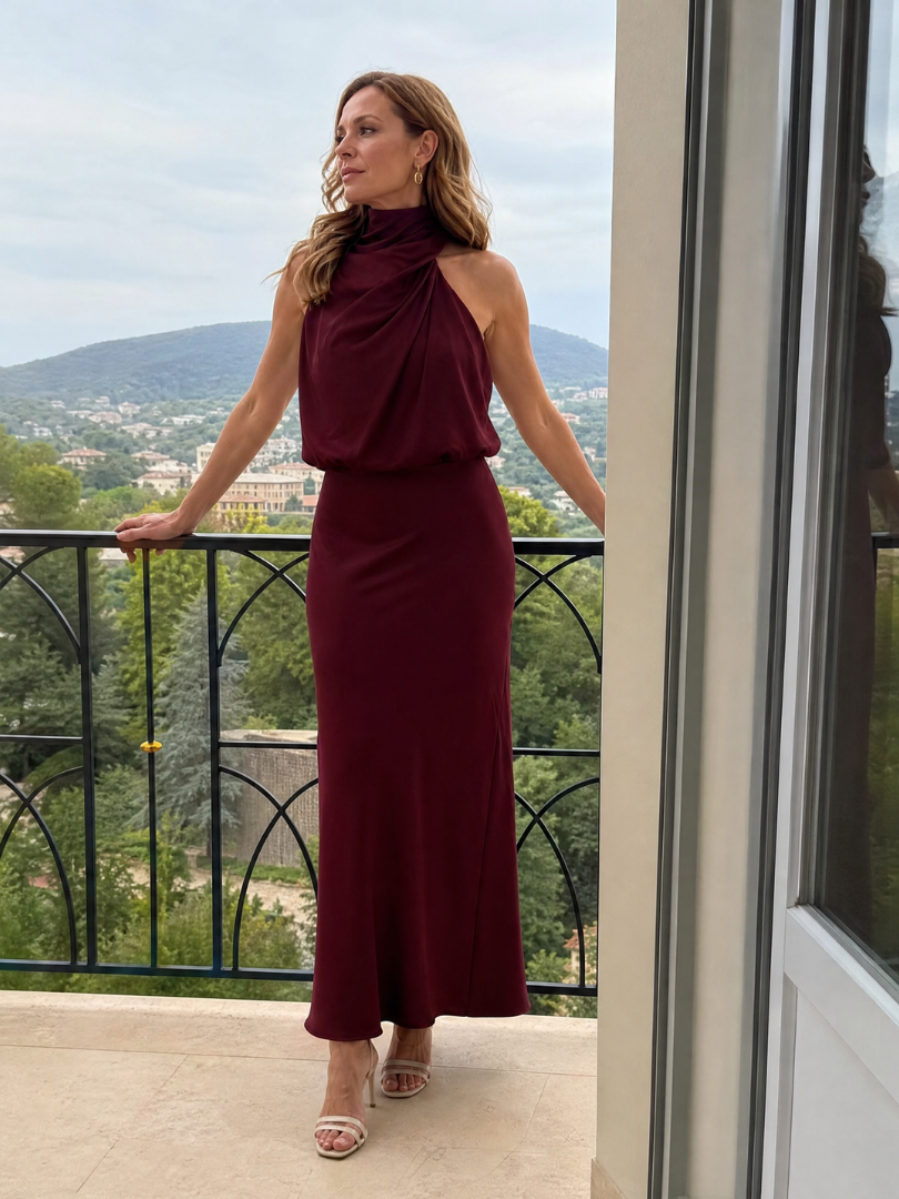 Midi šaty bez rukávů s nařaseným výstřihem a nařaseným pasem – elegantní nošení na den i noc z hladké látky 2