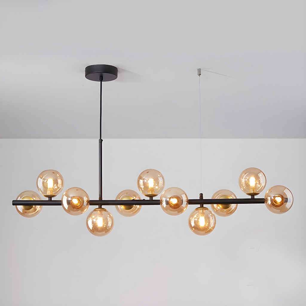 Modern chandelier with adjustable height featuring 11 glass globes and a black metal frame, ideal for living rooms and dining areas. 11