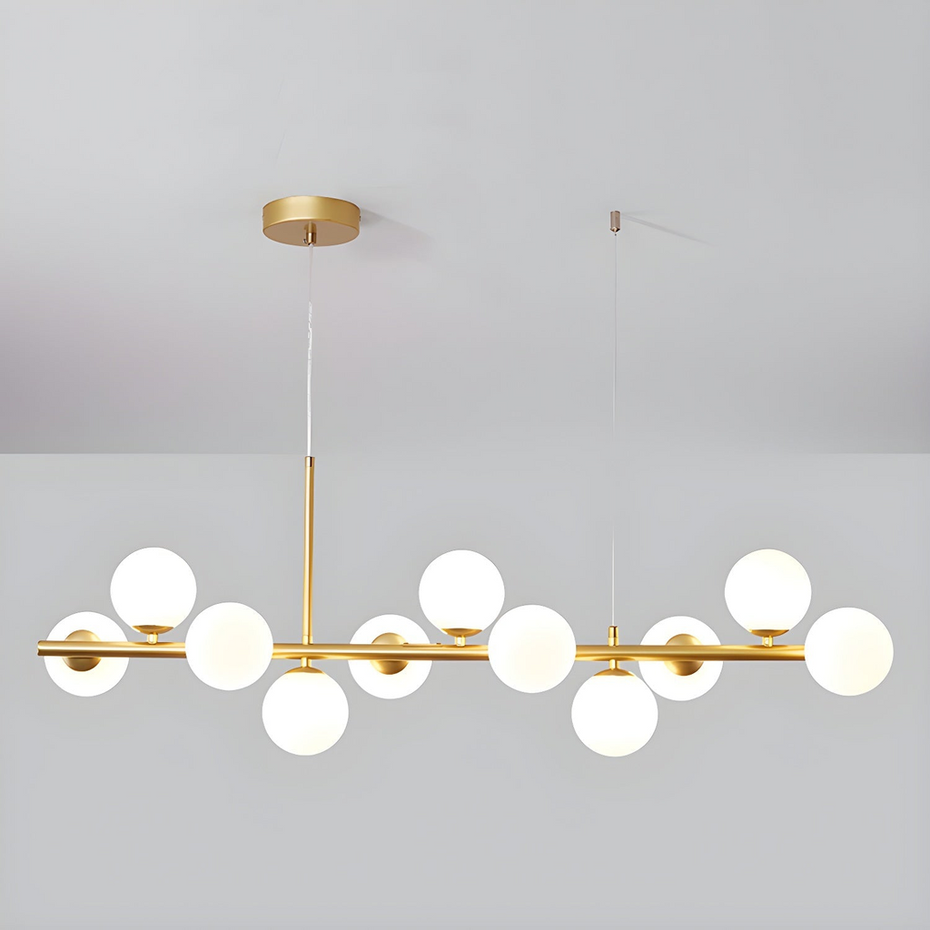 Modern chandelier with adjustable height featuring 11 glass globes and a black metal frame, ideal for living rooms and dining areas. 12