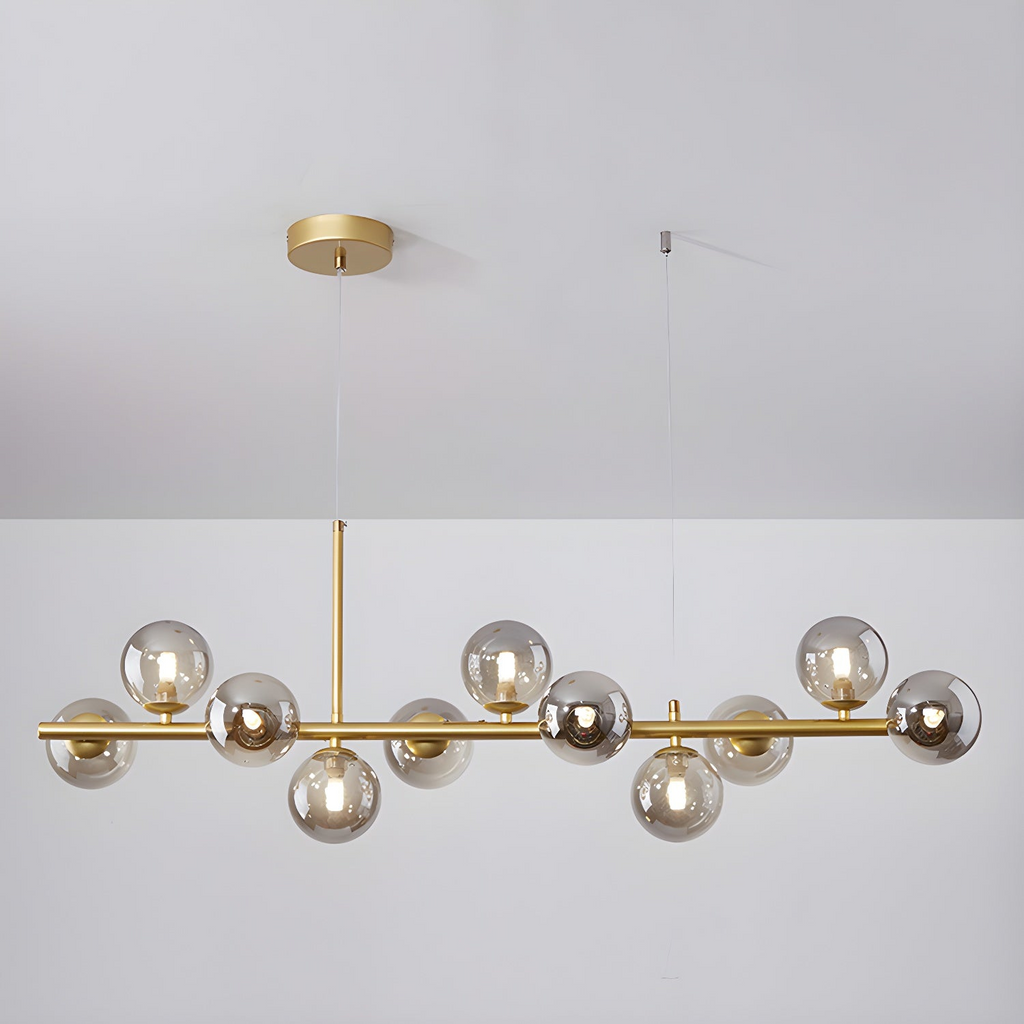 Modern chandelier with adjustable height featuring 11 glass globes and a black metal frame, ideal for living rooms and dining areas. 14