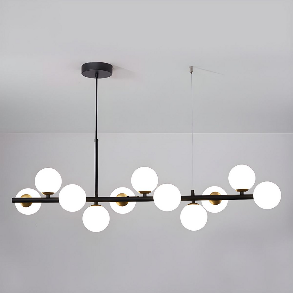 Modern chandelier with adjustable height featuring 11 glass globes and a black metal frame, ideal for living rooms and dining areas. 15