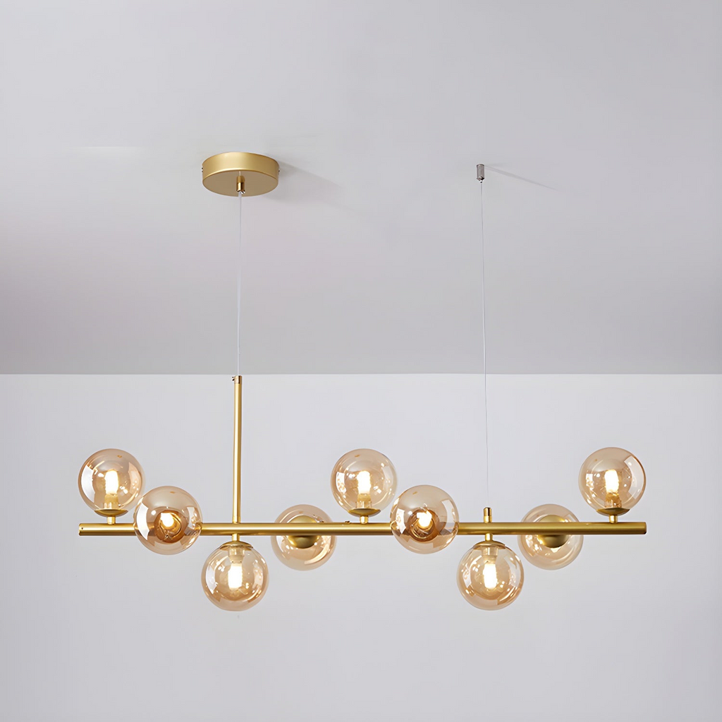 Modern chandelier with adjustable height featuring 11 glass globes and a black metal frame, ideal for living rooms and dining areas. 16