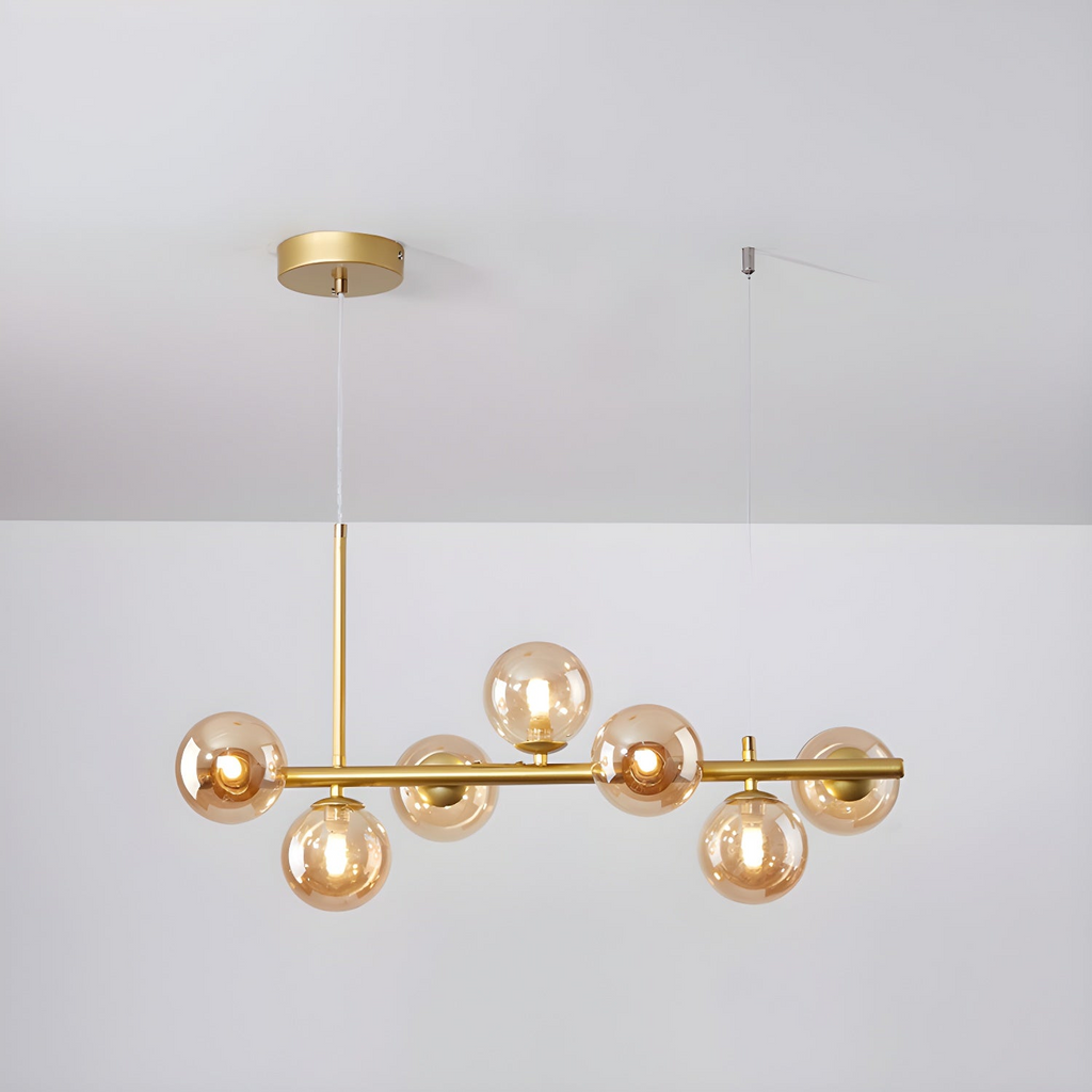 Modern chandelier with adjustable height featuring 11 glass globes and a black metal frame, ideal for living rooms and dining areas. 3