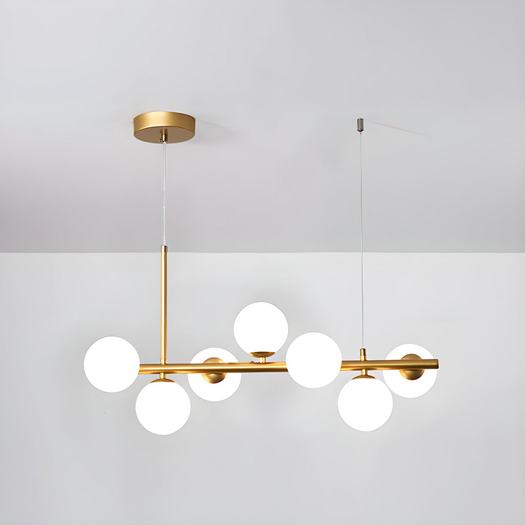 Modern chandelier with adjustable height featuring 11 glass globes and a black metal frame, ideal for living rooms and dining areas. 4