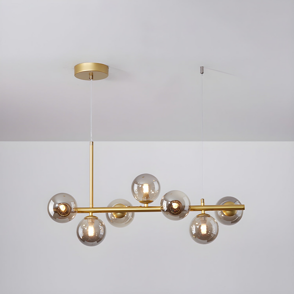 Modern chandelier with adjustable height featuring 11 glass globes and a black metal frame, ideal for living rooms and dining areas. 5
