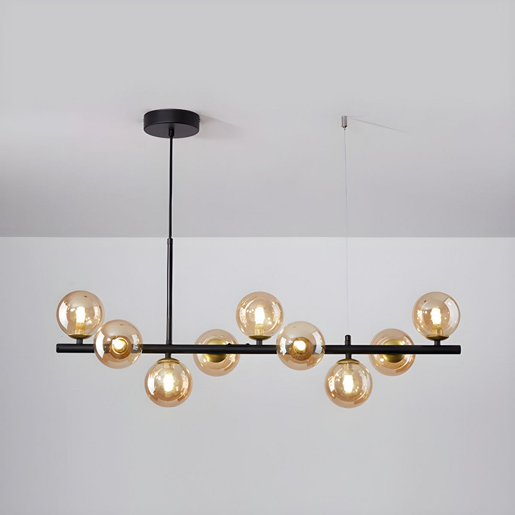 Modern chandelier with adjustable height featuring 11 glass globes and a black metal frame, ideal for living rooms and dining areas. 6