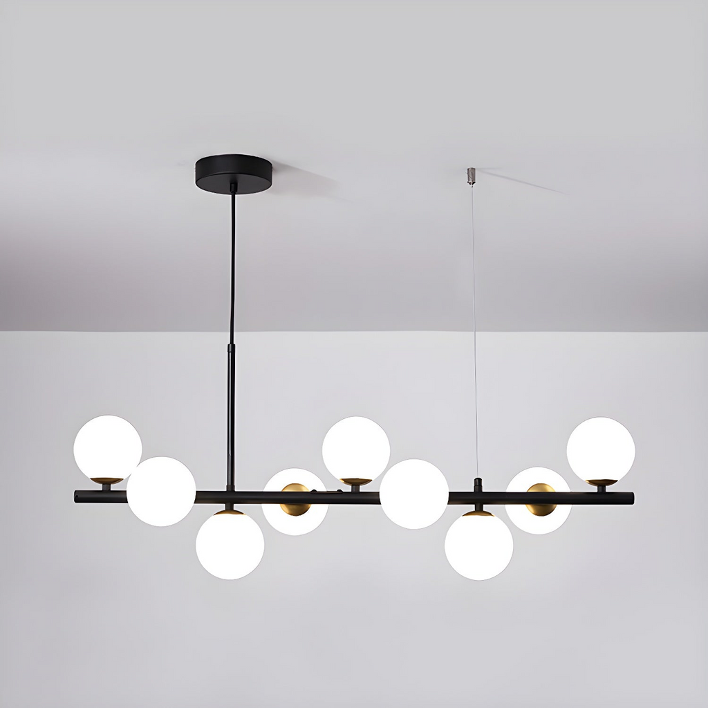 Modern chandelier with adjustable height featuring 11 glass globes and a black metal frame, ideal for living rooms and dining areas. 7