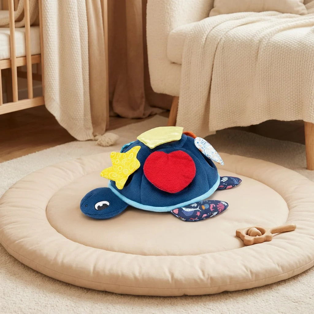 Montessori senzorická hračka pro miminka - měkká mořská želva s vyndavacími mořskými tv 1