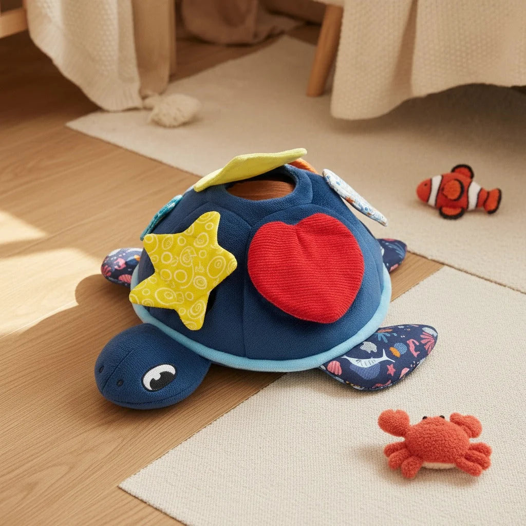 Montessori senzorická hračka pro miminka - měkká mořská želva s vyndavacími mořskými tv 2