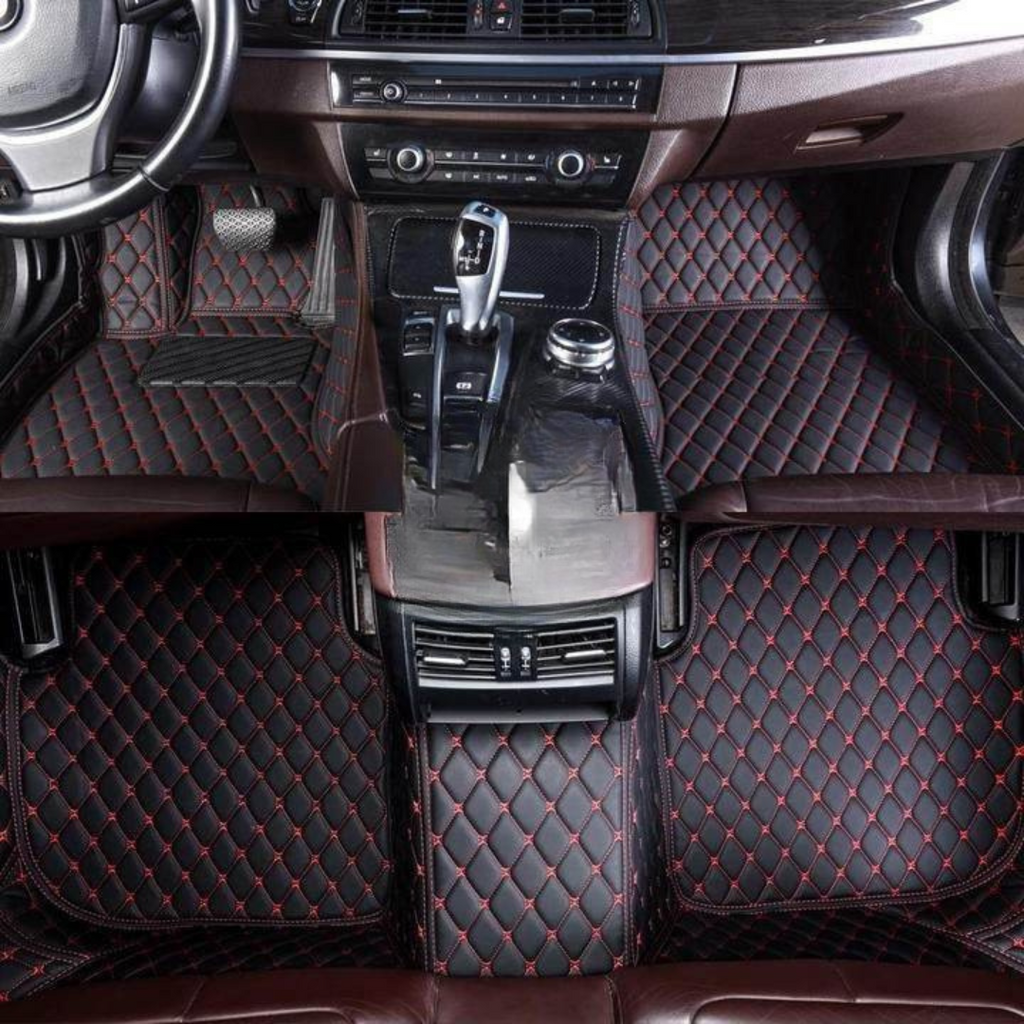 Na míru vyrobené nepromokavé autokoberce z černé PU kůže s elegantním červeným prošíváním pro perfektní padnutí 0