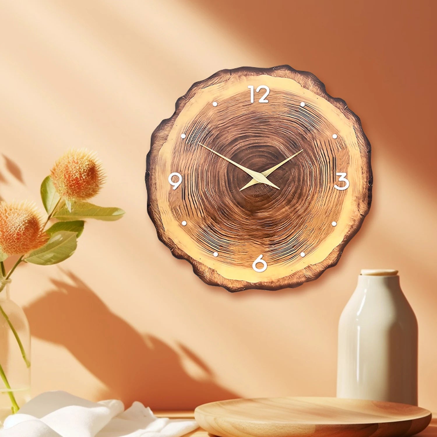 Nástěnné hodiny s tichým chodem a dřevěným efektem, lesklý design, moderní dekor 2