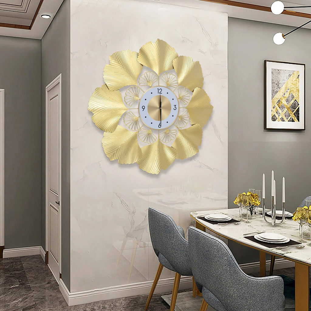 Nástěnné hodiny s tichým mechanismem a elegantním zlatým designem, inspirované moderním ginkgo 5