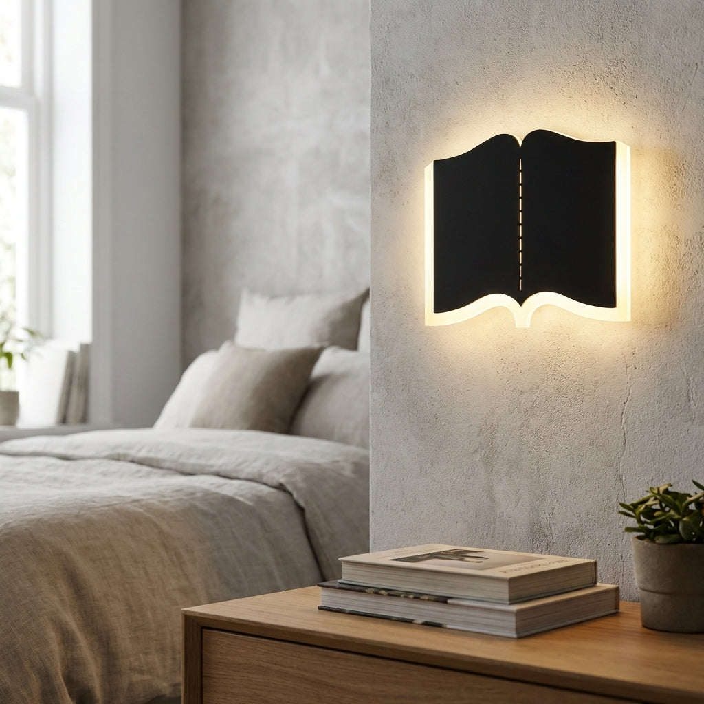 Nástěnné LED svítidlo ve tvaru knihy ze železa a akrylu – moderní design do ložnice 1