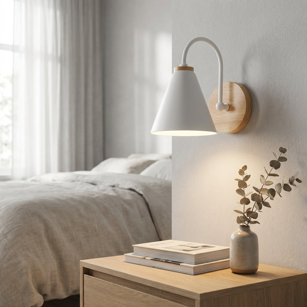 Nástěnné Svítidlo s Teplým Světlem a Dřevěným Akcentem – Moderní Minimalistický Design, Černý Kov 3