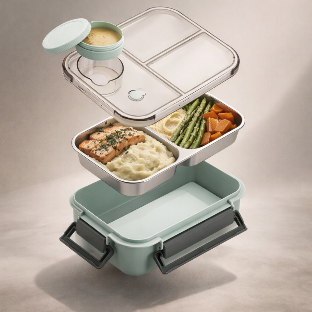 Nerezový bento box na oběd s izolovanými přihrádkami – nepropustný design pro organizované jídlo 1