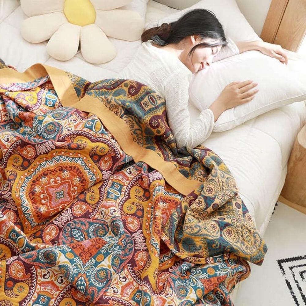 Oboustranná bavlněná deka s chladivým efektem v moderním boho designu, ideální pro pohod 3