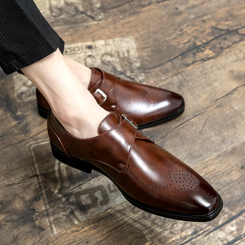 Pánské společenské boty Monk Strap s polstrovanou stélkou – leštěná černá kožená formální obuv 2