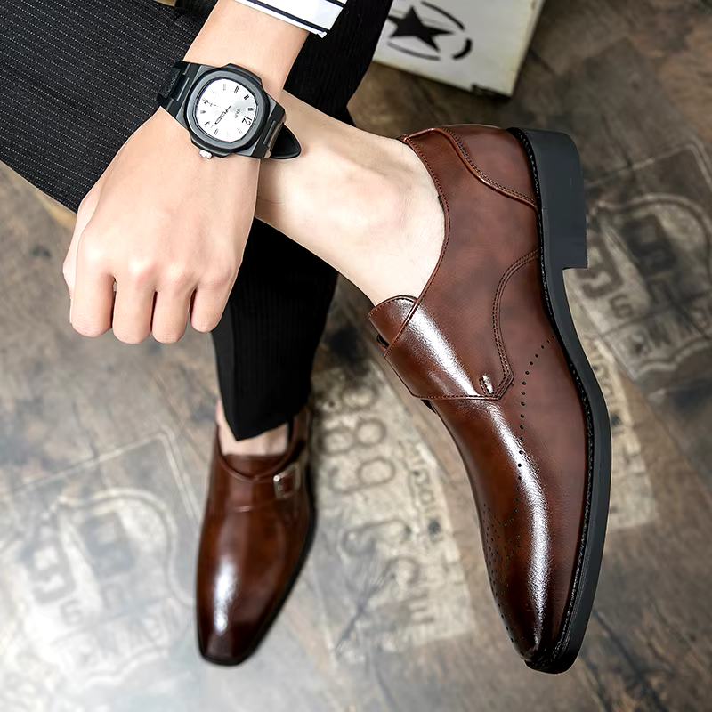 Pánské společenské boty Monk Strap s polstrovanou stélkou – leštěná černá kožená formální obuv 4