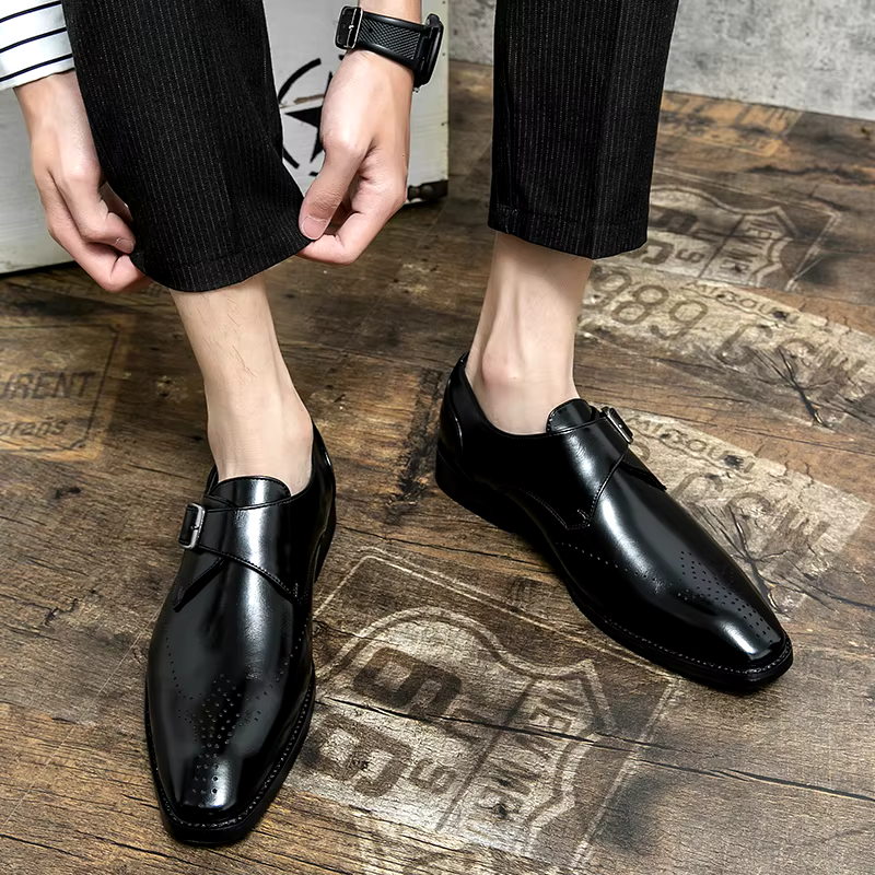 Pánské společenské boty Monk Strap s polstrovanou stélkou – leštěná černá kožená formální obuv 5