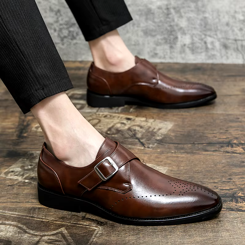 Pánské společenské boty Monk Strap s polstrovanou stélkou – leštěná černá kožená formální obuv 8