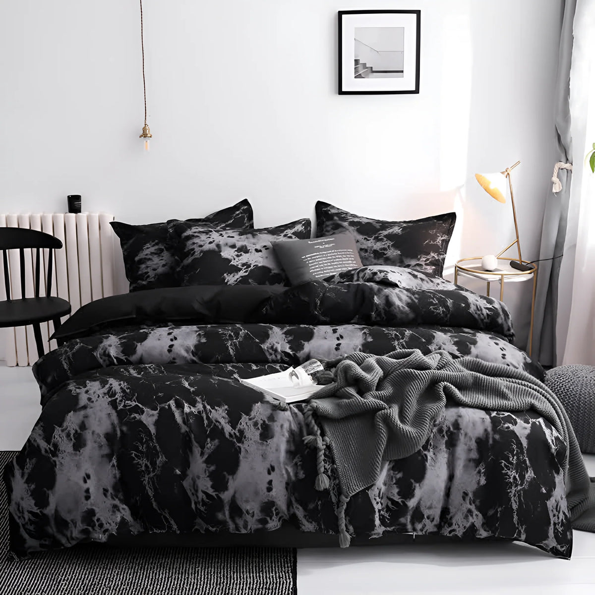Povlečení 200x220 s černým mramorovým vzorem z mikrovlákna, moderní styl, sada zahr 0