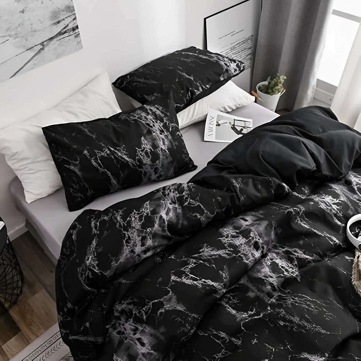 Povlečení 200x220 s černým mramorovým vzorem z mikrovlákna, moderní styl, sada zahr 1