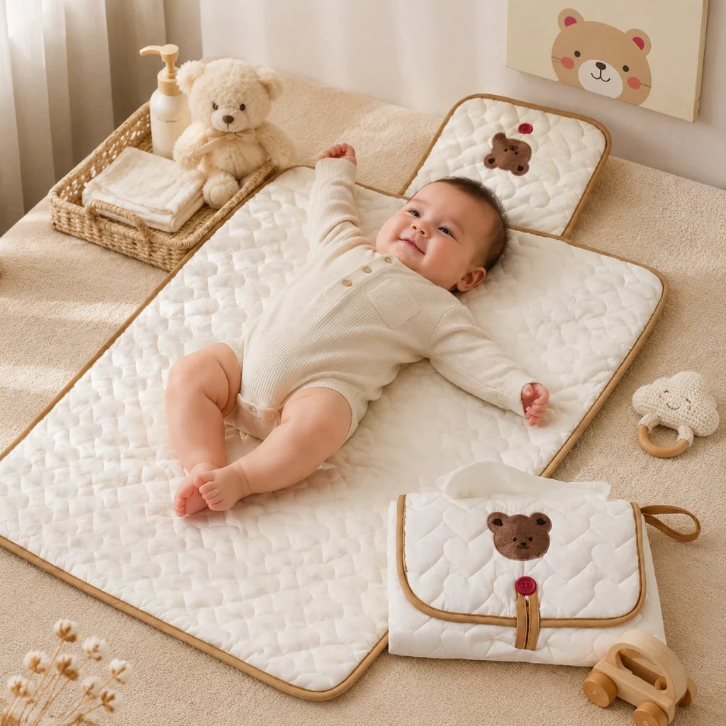 Přenosná přebalovací stanice s nepromokavou podložkou a úložnými kapsami, design s roztom 0