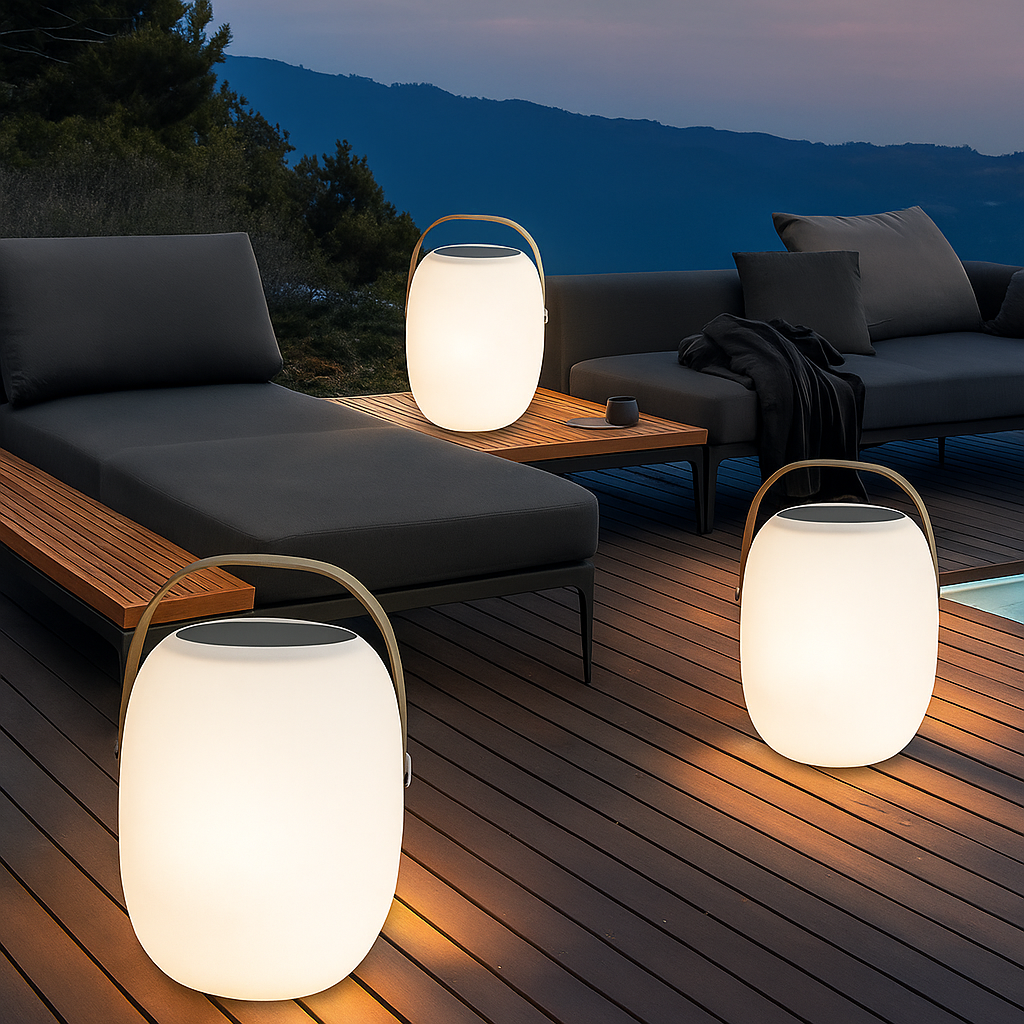Přenosná solární lampa s LED osvětlením, ideální pro terasy a zahrady, vyrobená z modern 0