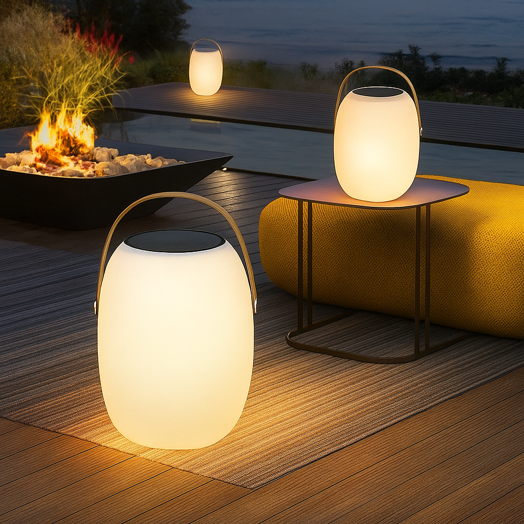 Přenosná solární lampa s LED osvětlením, ideální pro terasy a zahrady, vyrobená z modern 1