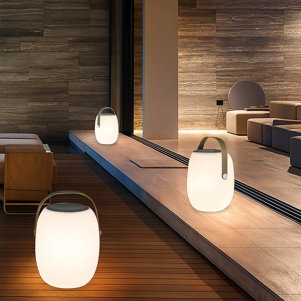 Přenosná solární lampa s LED osvětlením, ideální pro terasy a zahrady, vyrobená z modern 2