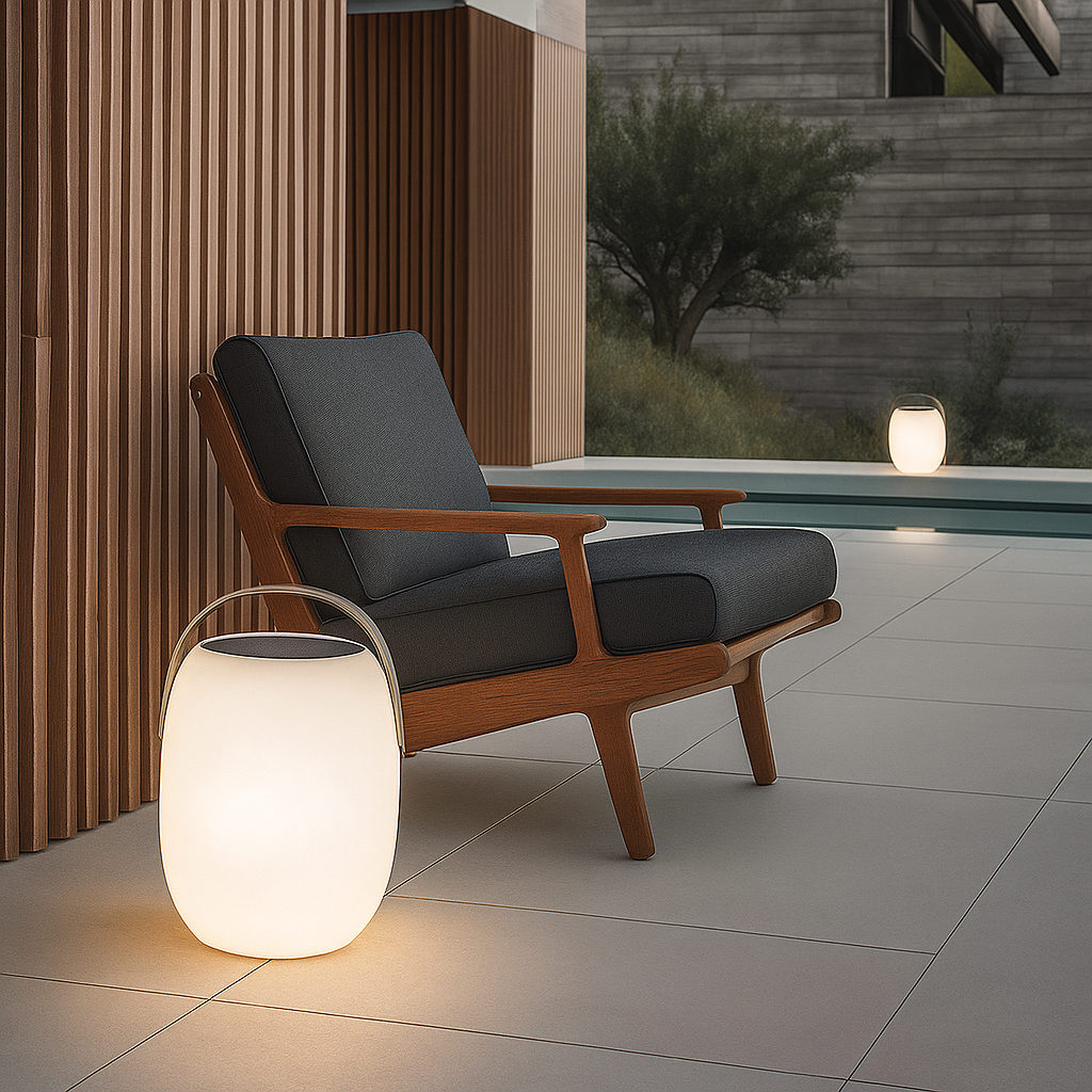 Přenosná solární lampa s LED osvětlením, ideální pro terasy a zahrady, vyrobená z modern 3