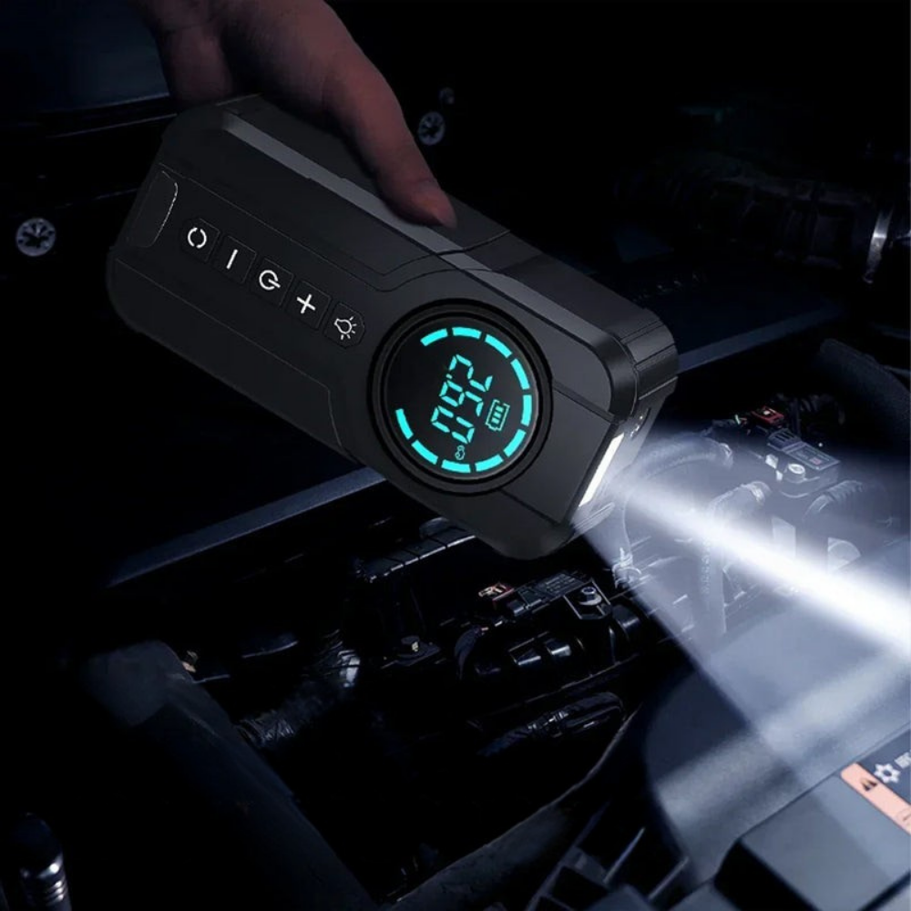 Přenosná huštička pneumatik s LED diodou a funkcí startování auta – kompaktní a efektivní asistenční zařízení 2