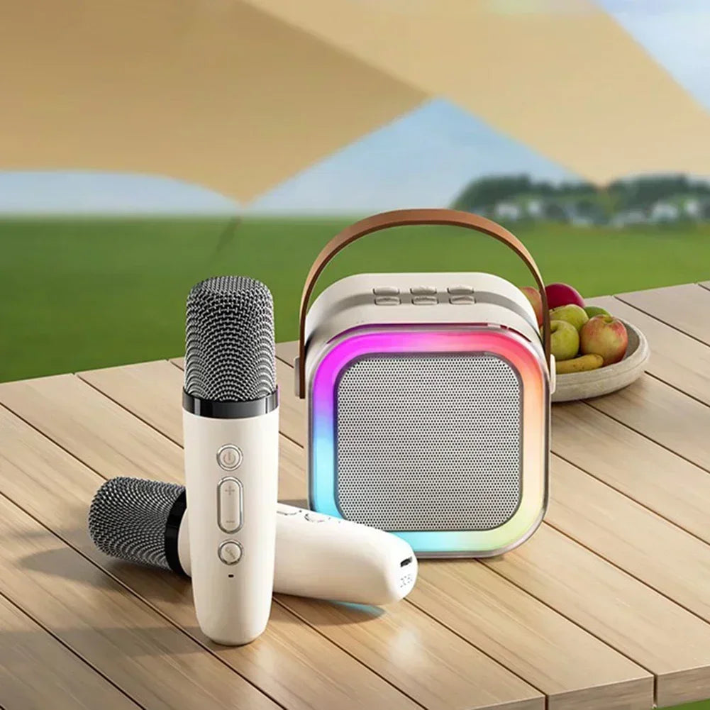 Přenosný karaoke stroj s duálními bezdrátovými mikrofony a RGB osvětlením, ideální pro rodinn 2