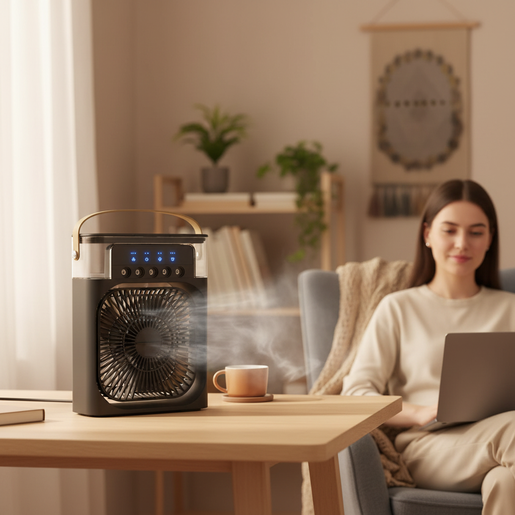 Přenosný odpařovací vzduchový chladič s digitálním displejem v kompaktním černém design 1