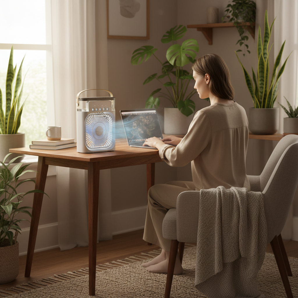 Přenosný odpařovací vzduchový chladič s digitálním displejem v kompaktním černém design 2