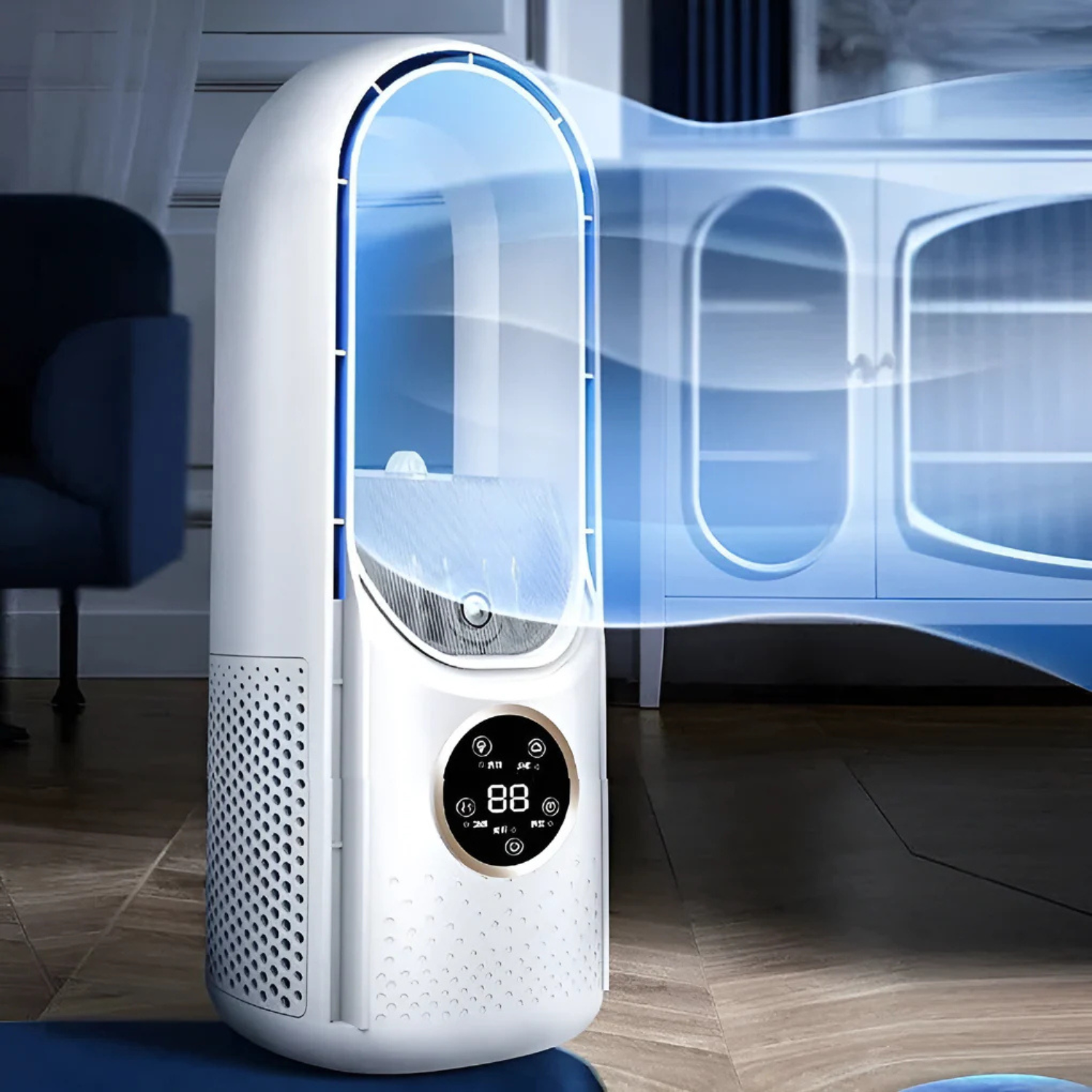 Přenosný ventilátor s chlazením odpařováním a LED displejem, tichý stolní design s nastaviteln 4