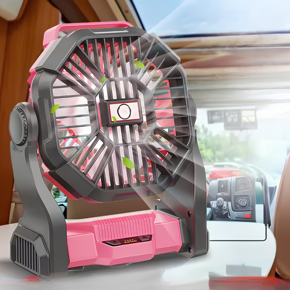 Přenosný stolní ventilátor s dobíjecí baterií a LED lucernou – růžový cestovní chladič vzduchu 0