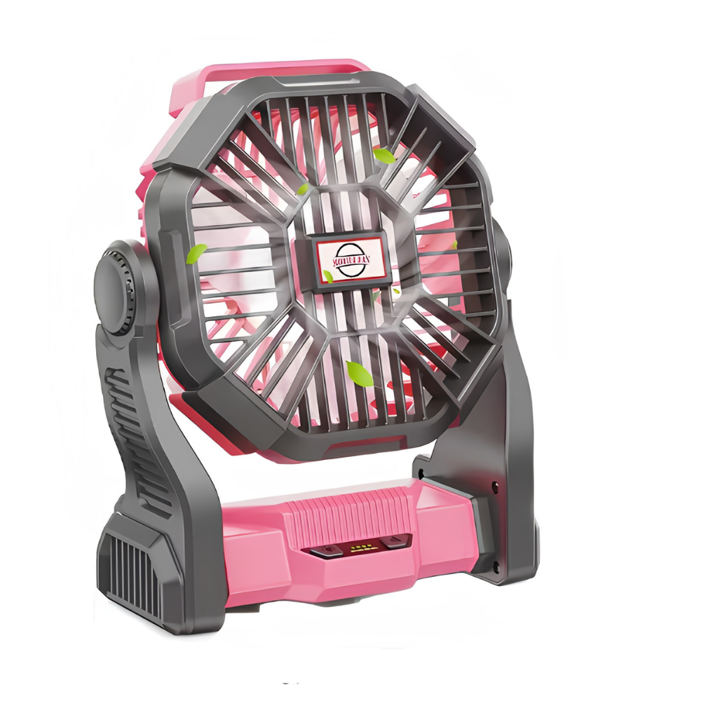 Přenosný stolní ventilátor s dobíjecí baterií a LED lucernou – růžový cestovní chladič vzduchu 1