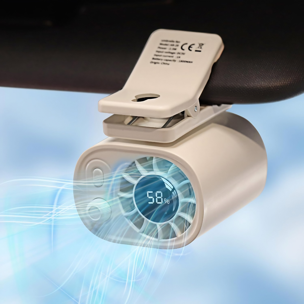 Přenosný ventilátor s připínacím mechanismem, nastavitelným průtokem vzduchu a dobíjecí baterií – nositelné chladicí řešení 1