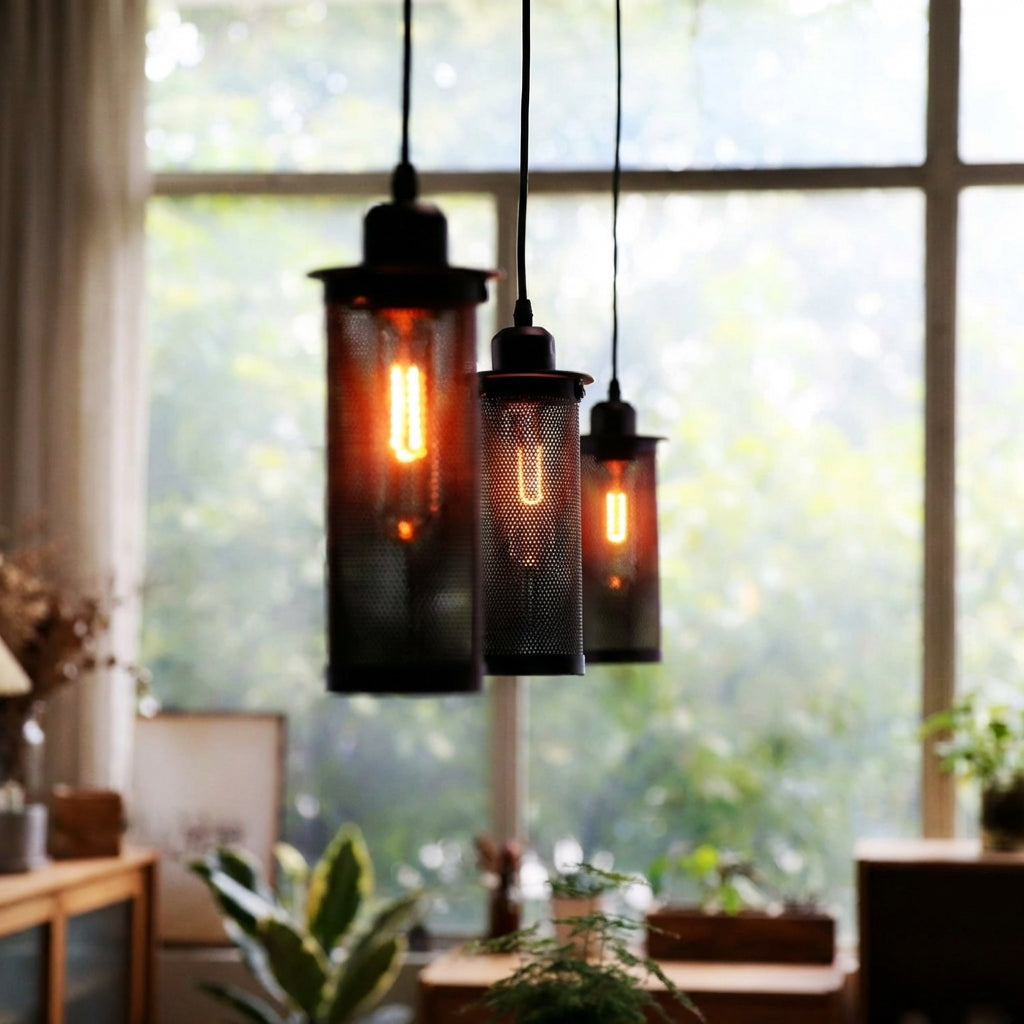 Retro-industriální závěsná lampa s nastavitelným kabelem a perforovaným stínidlem – ideální do obývacího pokoje i nad stůl 0