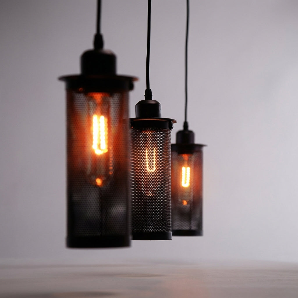 Retro-industriální závěsná lampa s nastavitelným kabelem a perforovaným stínidlem – ideální do obývacího pokoje i nad stůl 1
