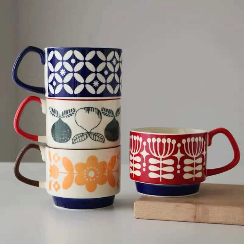 Retro keramické hrnky na kávu s uchy – unikátní design z poloviny 20. století, 300 ml, vhodné do myčky a mikrovlnné trouby 1