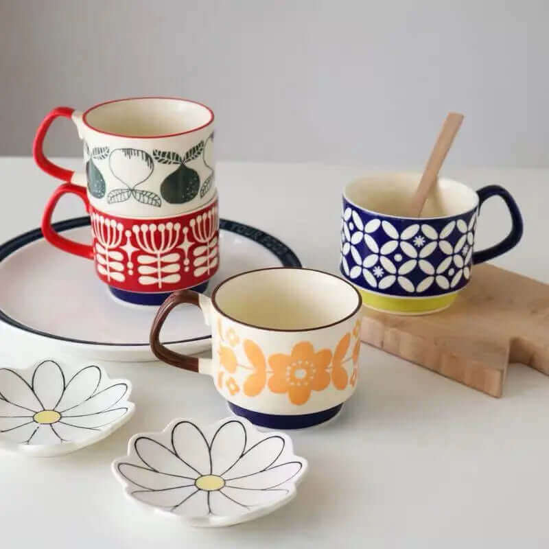 Retro keramické hrnky na kávu s uchy – unikátní design z poloviny 20. století, 300 ml, vhodné do myčky a mikrovlnné trouby 2