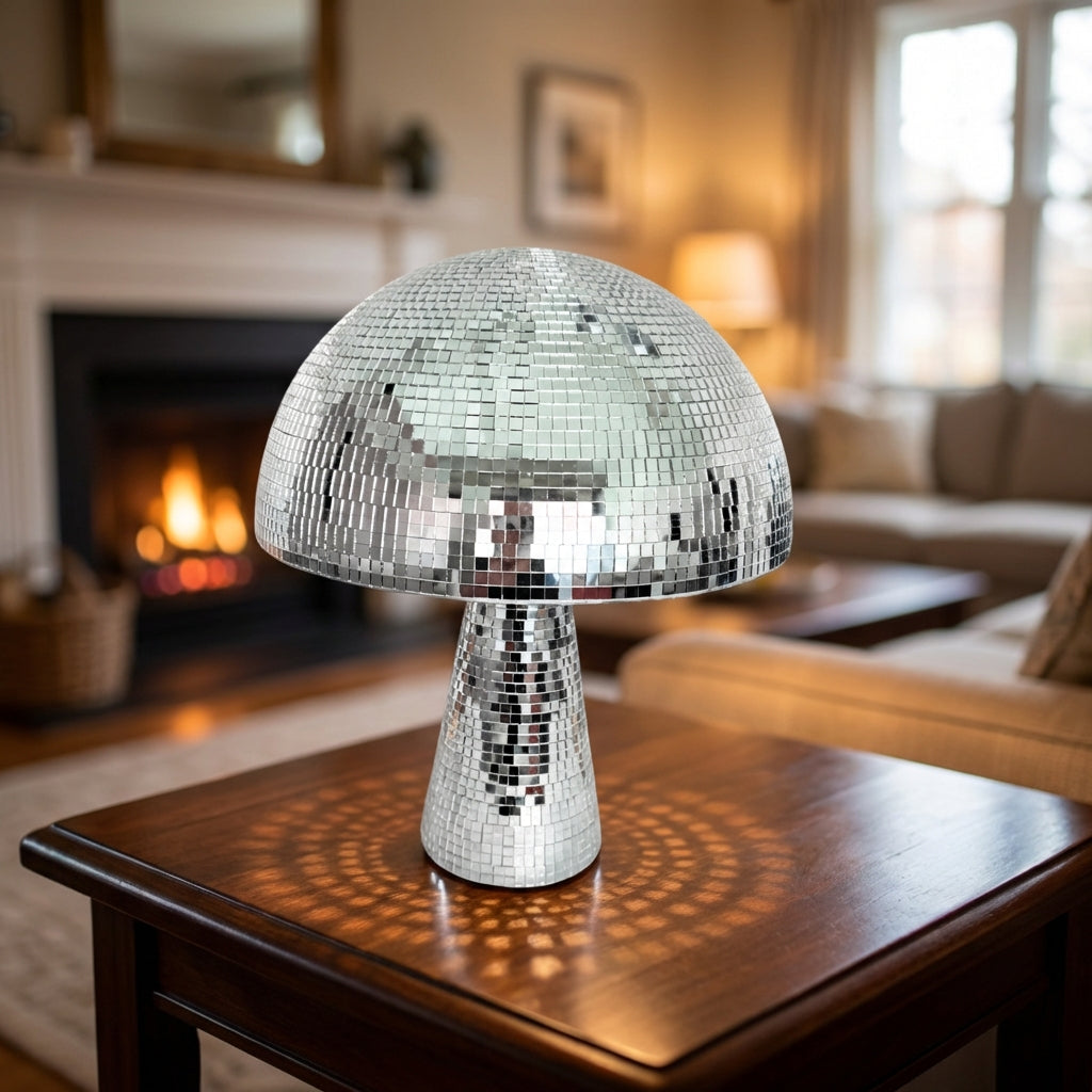 Retro stolní lampa Houbová se zrcadlovou skleněnou mozaikou – dekorativní lampa do obývacího pokoje 1