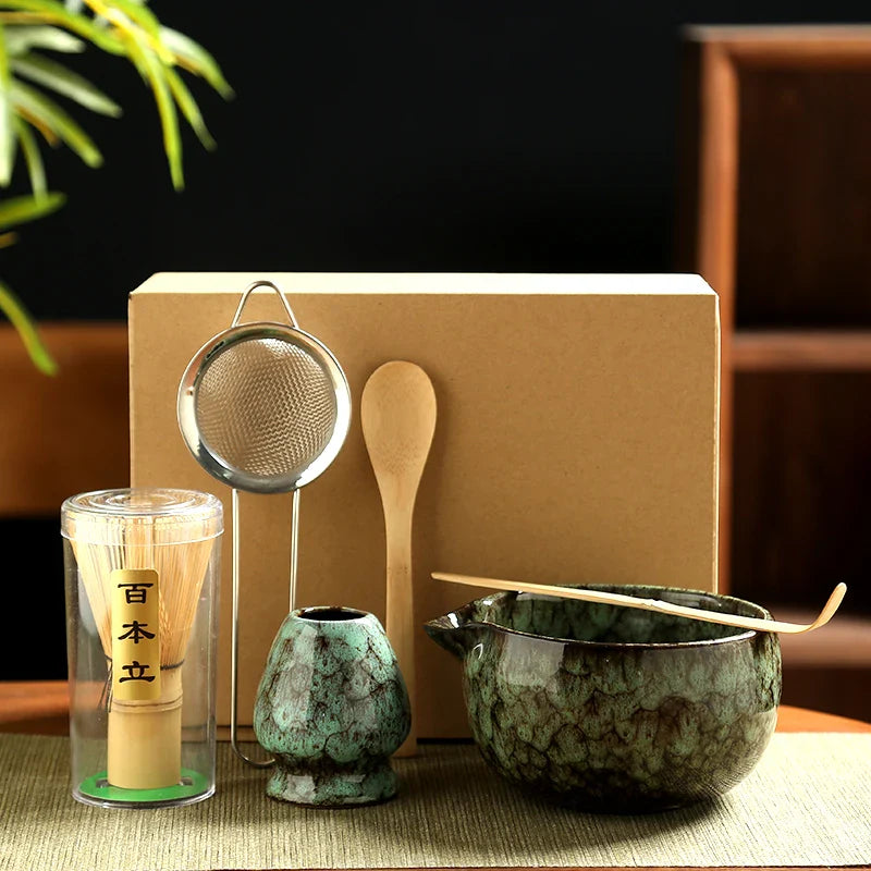 Sada Matcha s bambusovou metlou a keramickou miskou, 6dílná japonská čajová sada pro 1