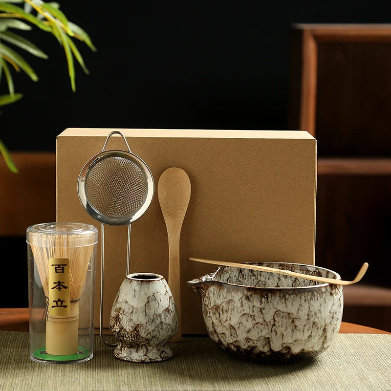Sada Matcha s bambusovou metlou a keramickou miskou, 6dílná japonská čajová sada pro 2